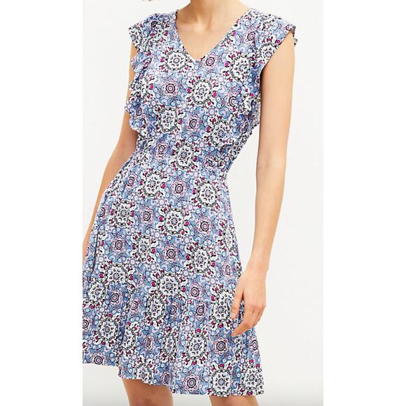 LOFT Medallion Ruffle Flare Dress NWT Women's Sz S Blue White Flowy Stretch - Picture 8 of 8